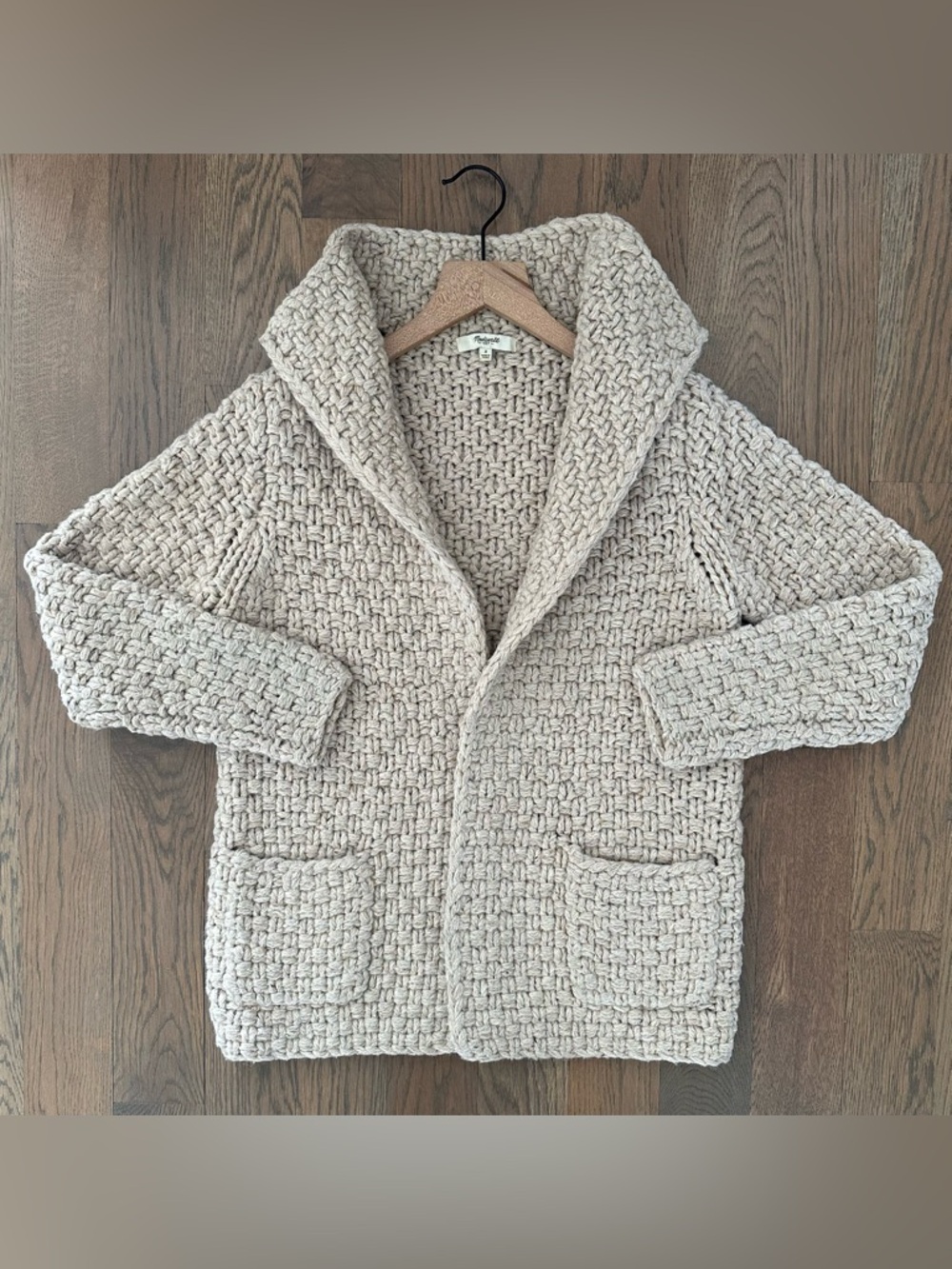 Madewell Hand Knit Basketweave Stand Collar Cardigan Sweater Wheat Donegal S